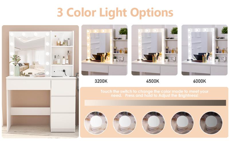 Vabches Makeup Vanity with Lights, 37inch Vanity Desk with Power Strip, 4 Drawers Makeup Table with Lighted Mirror, 3 Lighting Colors, White