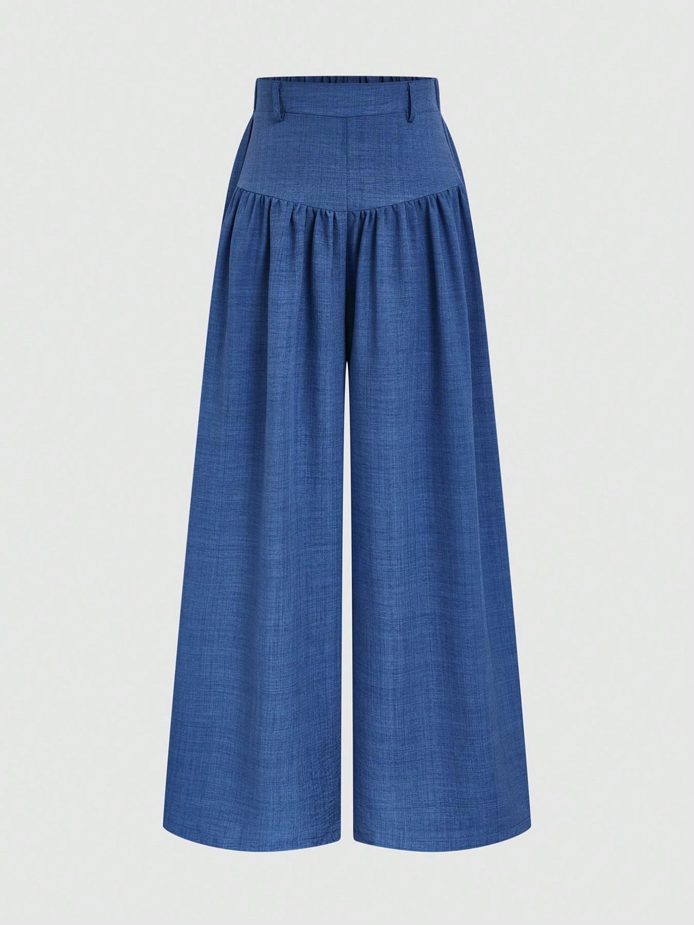 High-Waisted Pleated Denim Wide Leg Pants for Women, Includes Belt, Lightweight Casual Suit Pants, Trendy and Comfortable, Bottoms