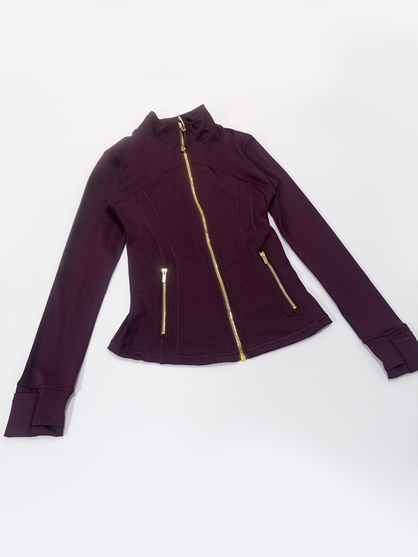 Women's running, sports, yoga wear, zip front jacket, gold zipper, stand collar, top, outerwear