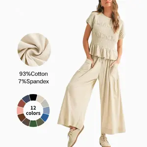 Women’s  2-Piece Smocked Top & Wide-Leg Pants Sets–High-Waisted Lounge  Outfit with Pockets Casual Boho Matching Set,summerwins,summeroutfits,vacationoutfits,bathingsuitwomenset,beachoutfits