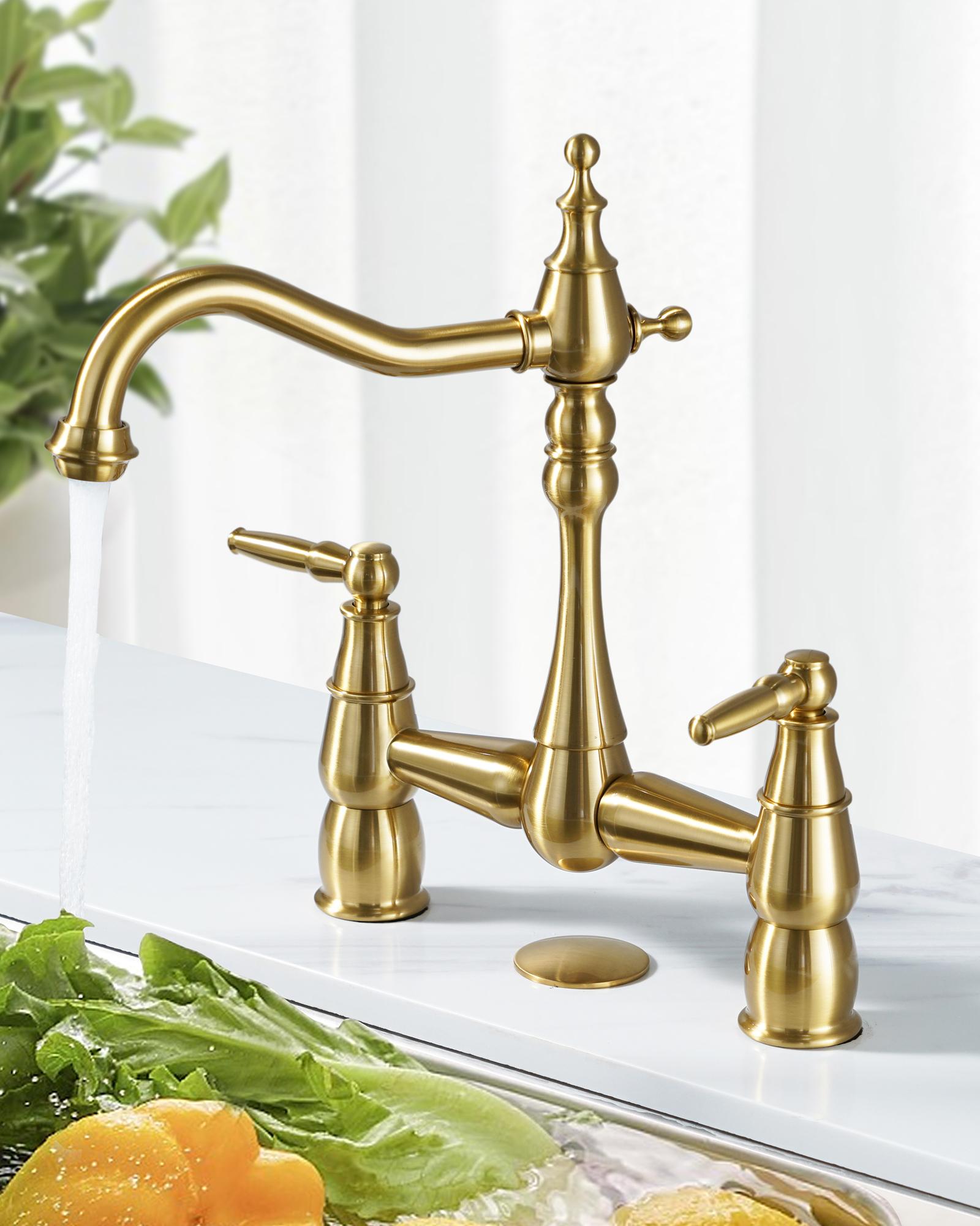 WOWOW Brushed Gold Bridge Centerset Kitchen Faucet, 2 Hole Brass Kitchen Sink Faucet Vintage Farmhouse Deck Mount Kitchen Sink Faucet for Two Handle