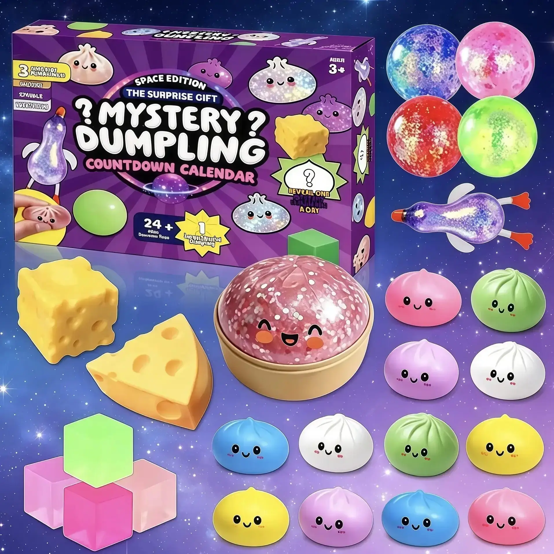 24 Grid Dumpling Mystery Countdown Calendar Gift Set, Mini Kawaii Squishies Fidget Pack, Sensory Decompression Squeeze Stress Relief Toys, Galaxy Dumpling Squishy