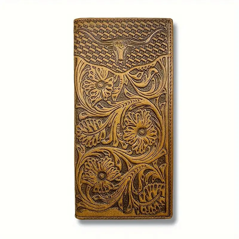 Premium Western Cowboy Longhorn Floral Embossed Men's Full Grain Leather Long Checkbook Wallet With 13 Card Slots
