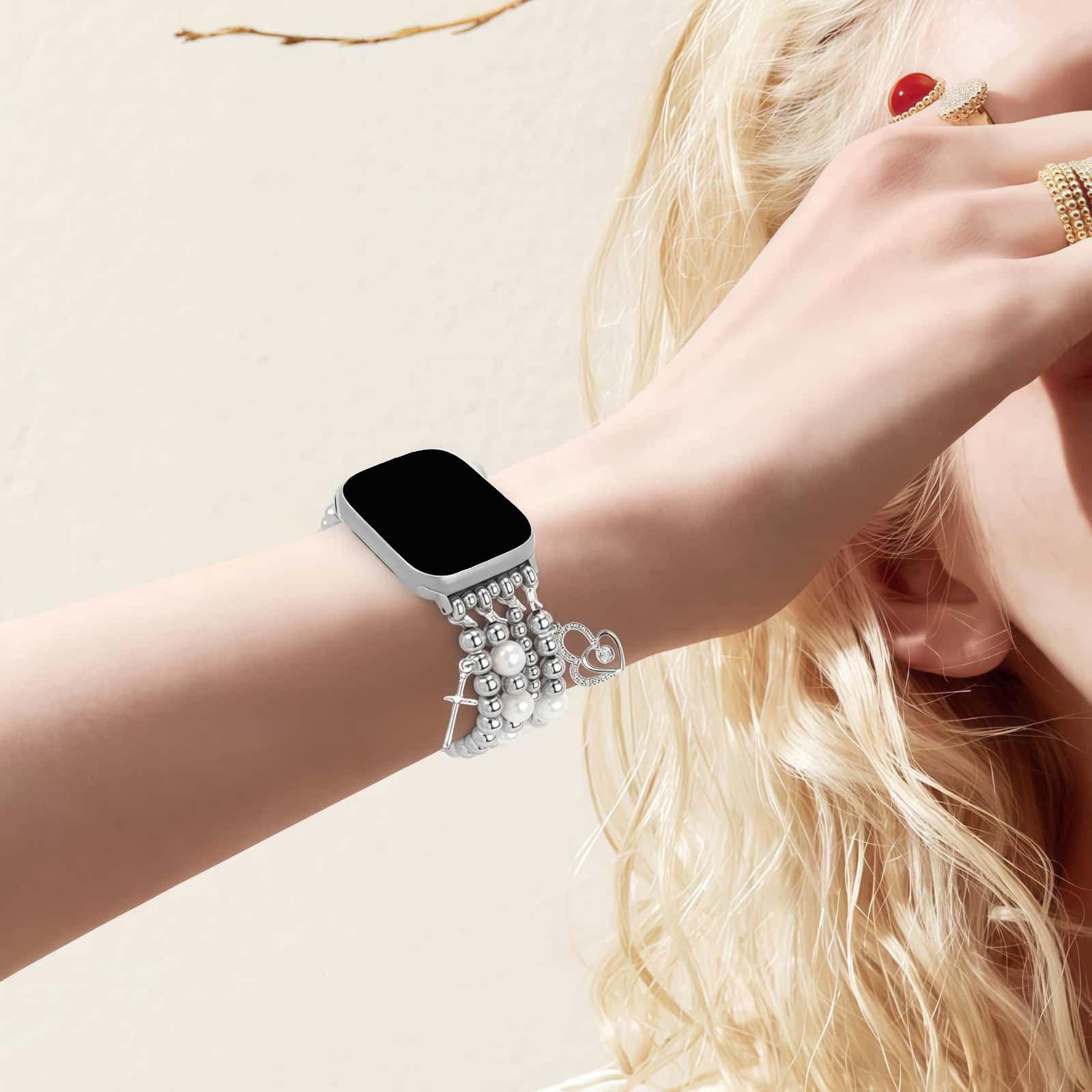 Gold bead bracelet suitable for 38mm 40mm 41mm 42mm women's Apple Watch strap, Smartwatch Accessories, iWatch SE series handmade dress iPhone strap elastic strap heart-shaped pendant strap, women's pearl strap, Smart Watch Straps