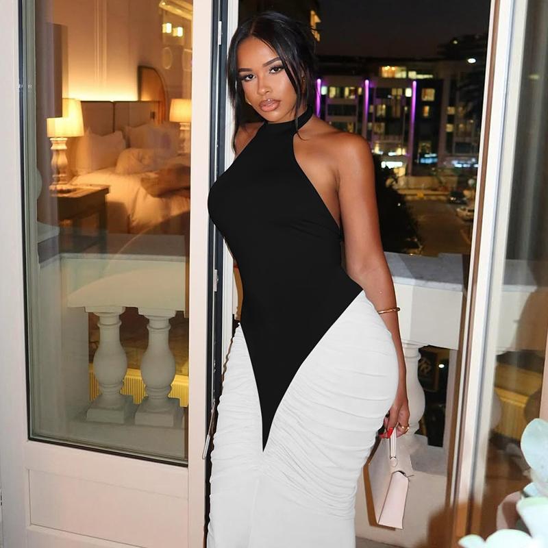 Women Summer Sexy Party Club Evening Halter Colorblock Backless Bodycon Long Dress Bodycon Dresses