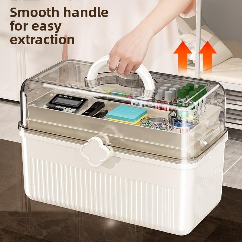 Medicine and stationery storage box, handle-equipped organizer, lockable three-layer multi-functional art supplies storage box and plastic storage container