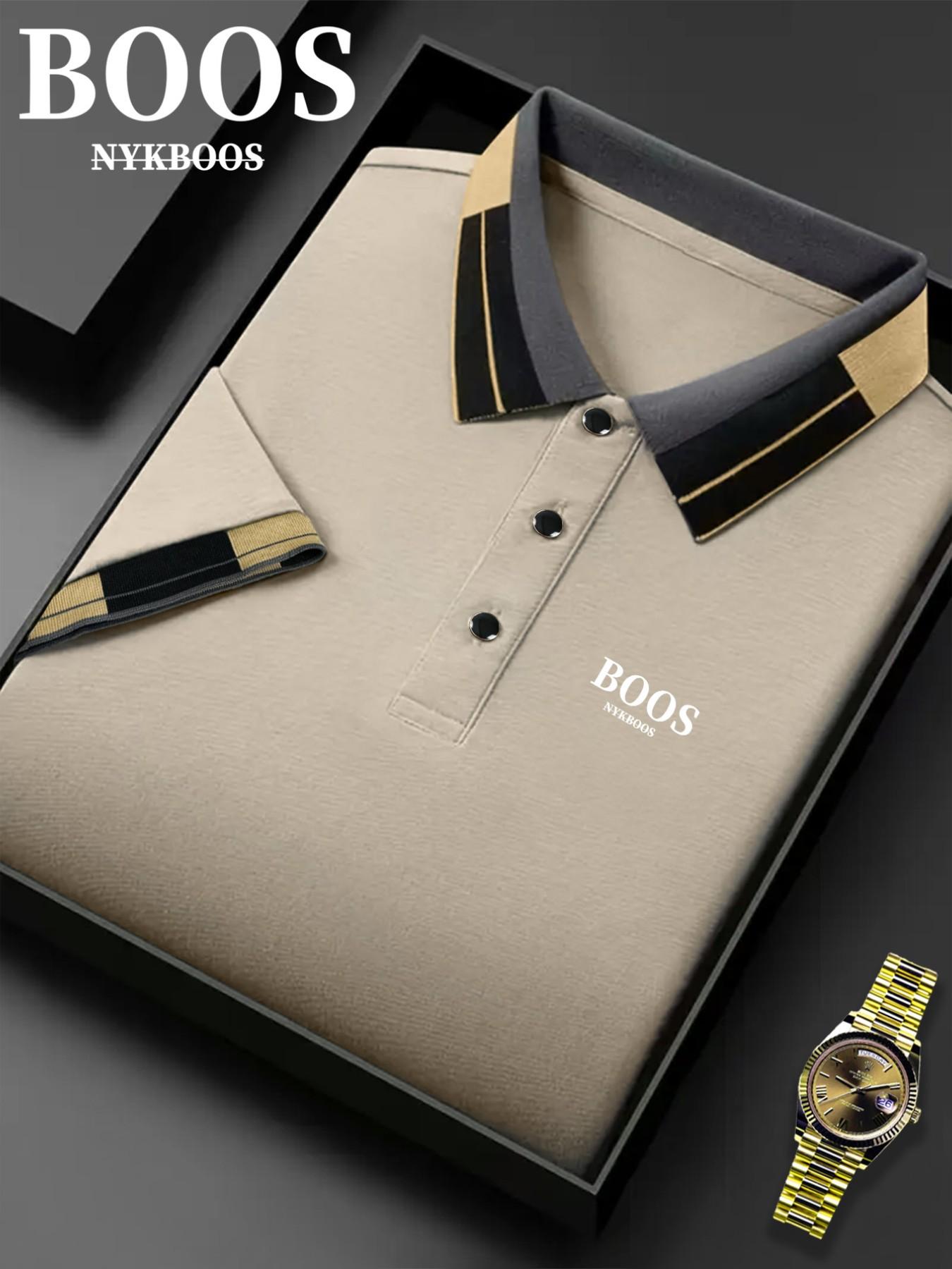 Hh3425 Fashion Boss Logo Print Men's Polo Shirt, Elastic Casual Breathable Four-Season Comfortable Durable High-End Polo Top