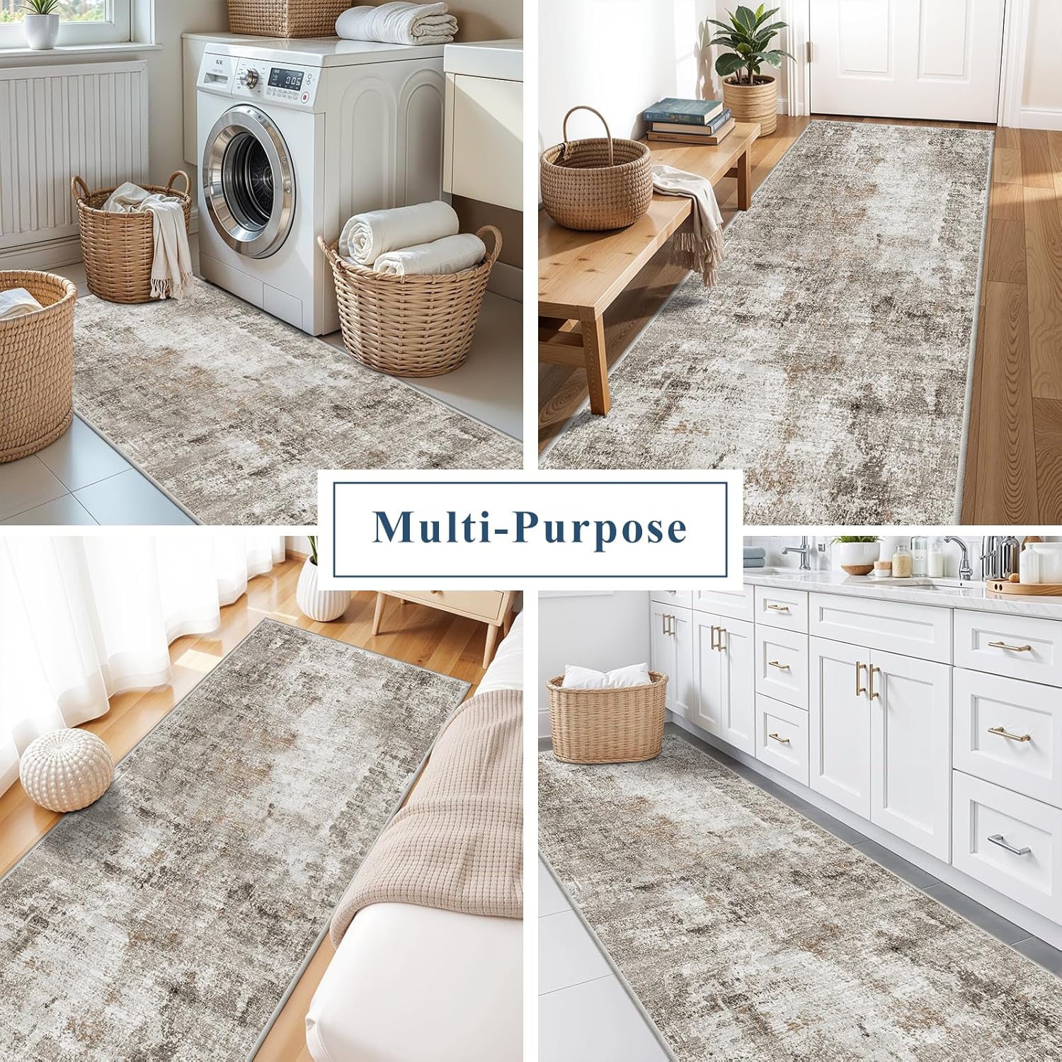 3x7 Washable Non-Slip Kitchen Runner Rug – Modern Abstract Neutral Beige & Gray Carpet for Hallway, Entryway, Bedroom, Laundry Room – Low-Pile Thin Wide Floor Runner with Rubber Backing