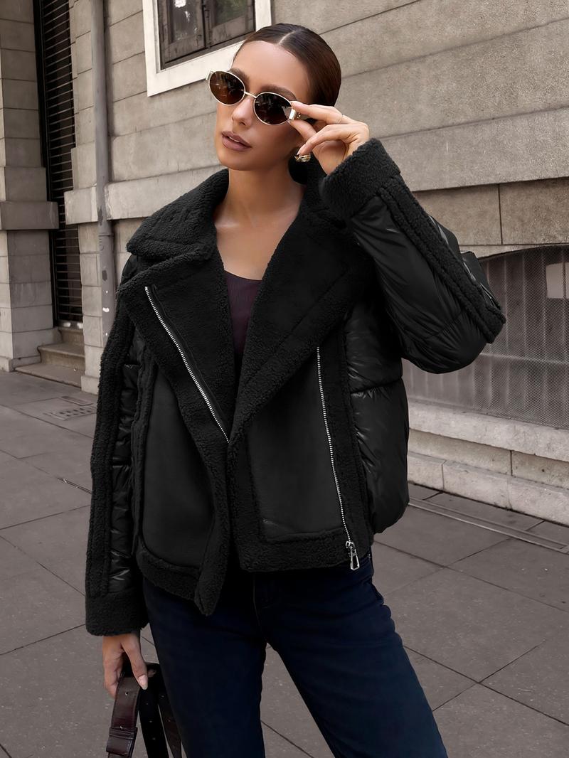 Women's Fall Winter Fur Coat, Stand Collar Warm Top, Motorcycle Style Patchwork Short Jacket, Casual Fitted Long Sleeve Outerwear