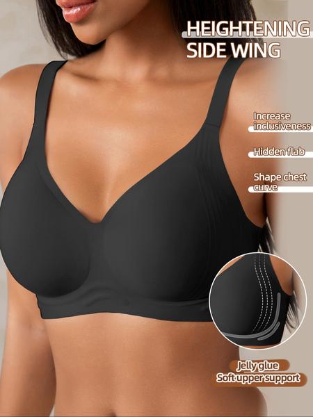 Women's Deep V Wireless Jelly Bra, Wide Shoulder Straps, Removable Pads, Medium Support, Casual Plain Design, All Seasons