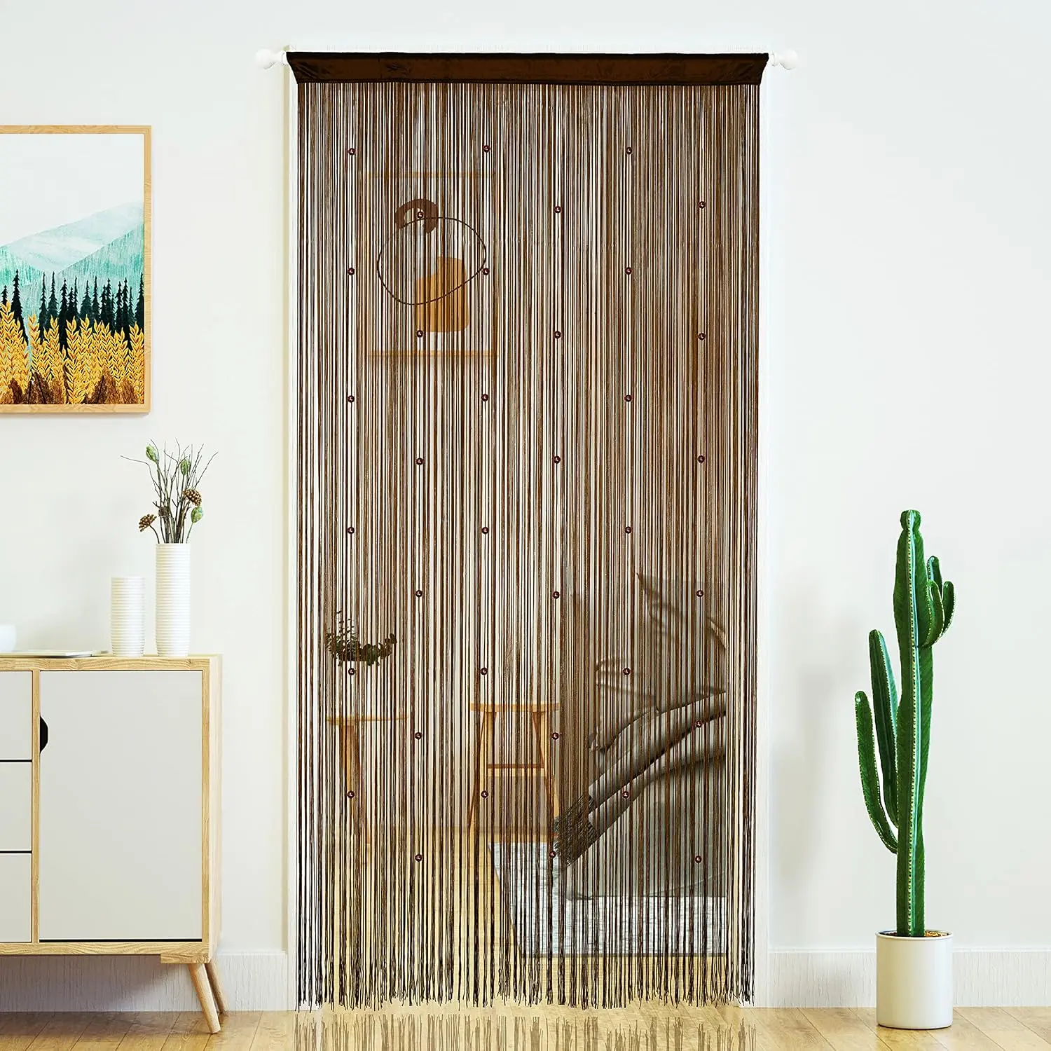 Brown Polyester Beaded Door String Curtain, 39"W x 79"L Single Panel, Washable Indoor Door-Window Room Divider Hanging for Doorframe Hallway Closet Wall Privacy & Decor