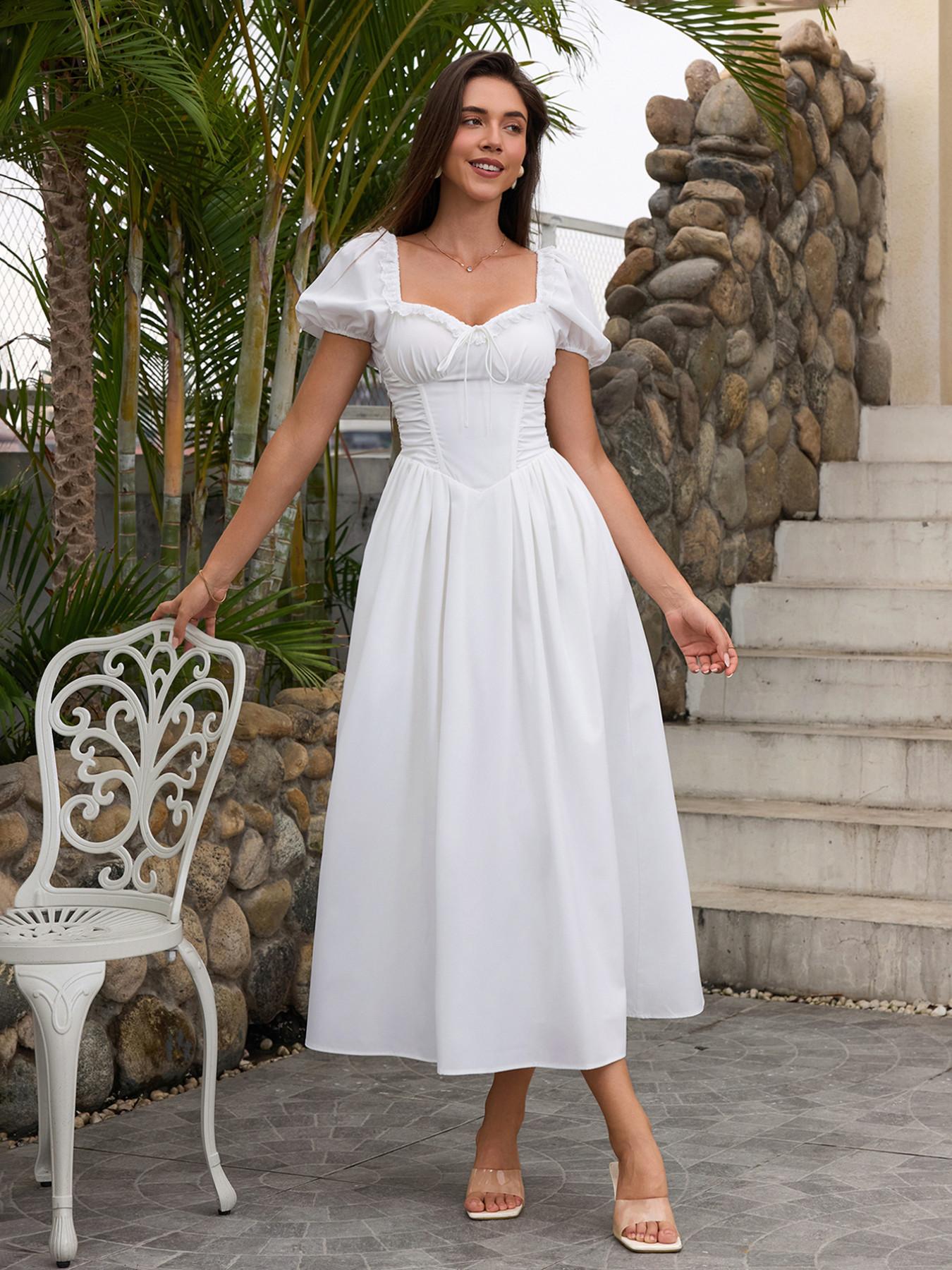 Square Neck Backless Cross Strap Ruched Fishbone Bubble Sleeve Dress, Casual Comfortable Fashion Long Dress for Daily Wear