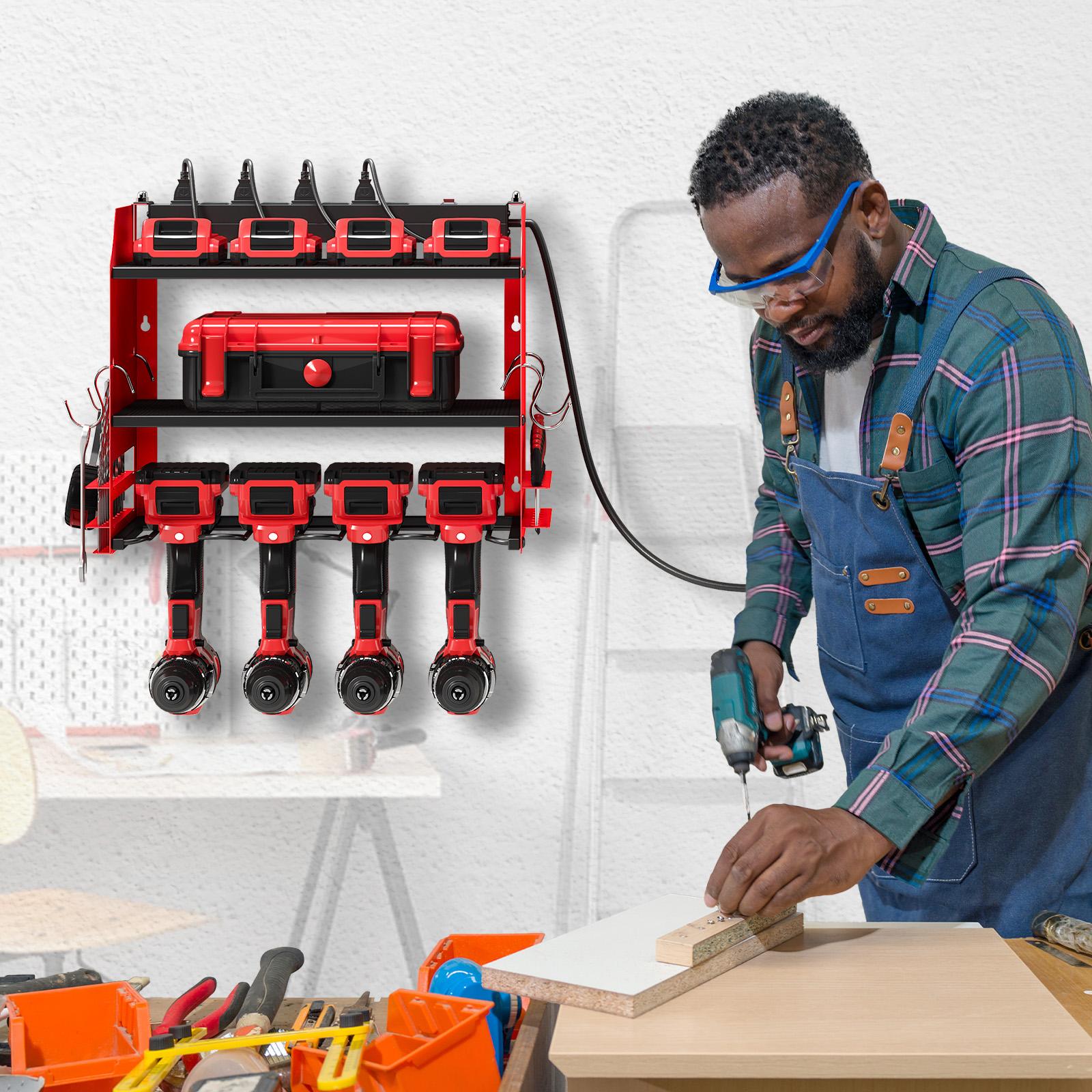 Tool Room Organizer,Wall-Mounted System with 4 Drill Slots, 8-Outlet Power Strip, and Storage for Tools and Accessories, Ideal for Garages and Workshops, Father'sDayGift Heavy Duty