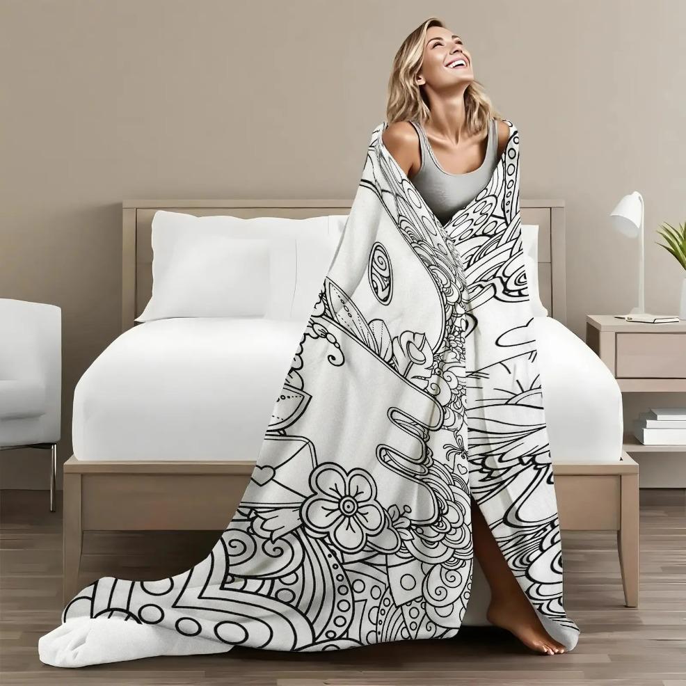 Colorable Printed Flannel Blanket - Digital Abstract Art Graphic Design, Soft Throw, Breathable Cozy, Decorative, Portable (Markers Not Included) - Suitable for Sofas, Travel - Ideal Birthday Gift, Decorative Blankets, Portable Throw Blanket