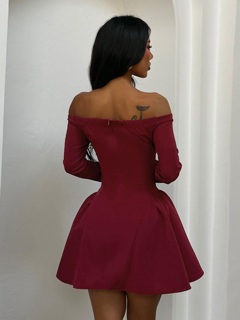 Women's Plain Off Shoulder A Line Dress - Elegant Long Sleeve Outfit for Valentine's Day, Party, Wedding Guest & Holiday