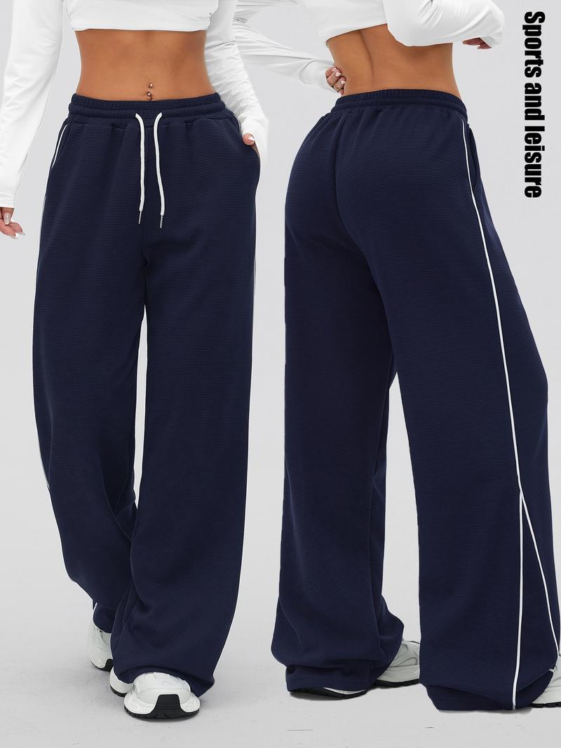 Women's Waffle Knit Jogger Pants, Loose Fit Straight Leg with Side Color Block Design, Pocket Detail, Outdoor & Gym Wear