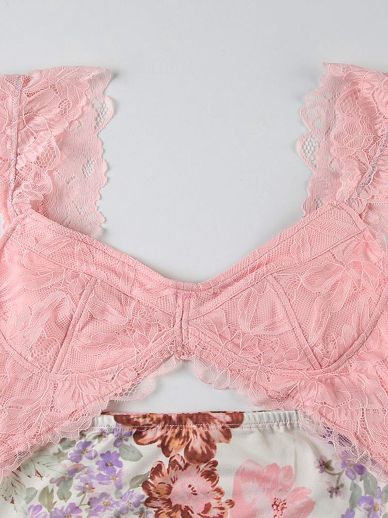 Women's Floral Patchwork Print Lace Trim Dress, Summer Clothes Women, Boho Aesthetic Fashion Long Dress for Beach Holiday Vacation, Ladies Dress for Summer