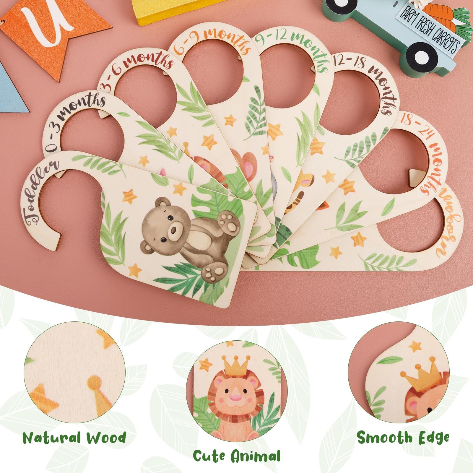 8-Piece Wooden Baby Closet Adorable Animal Dividers Jungle Animal Theme, Nursery Size Storage, New Mom Baby Shower Gift, Infant Room Organization
