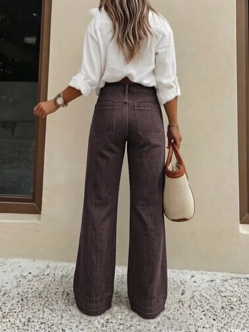 Women's Elastic Jeans, Vintage Washed Wide Leg, High Waist Slimming, Casual Daily Wear, No Belt Included, Loose-Fitting, All Seasons