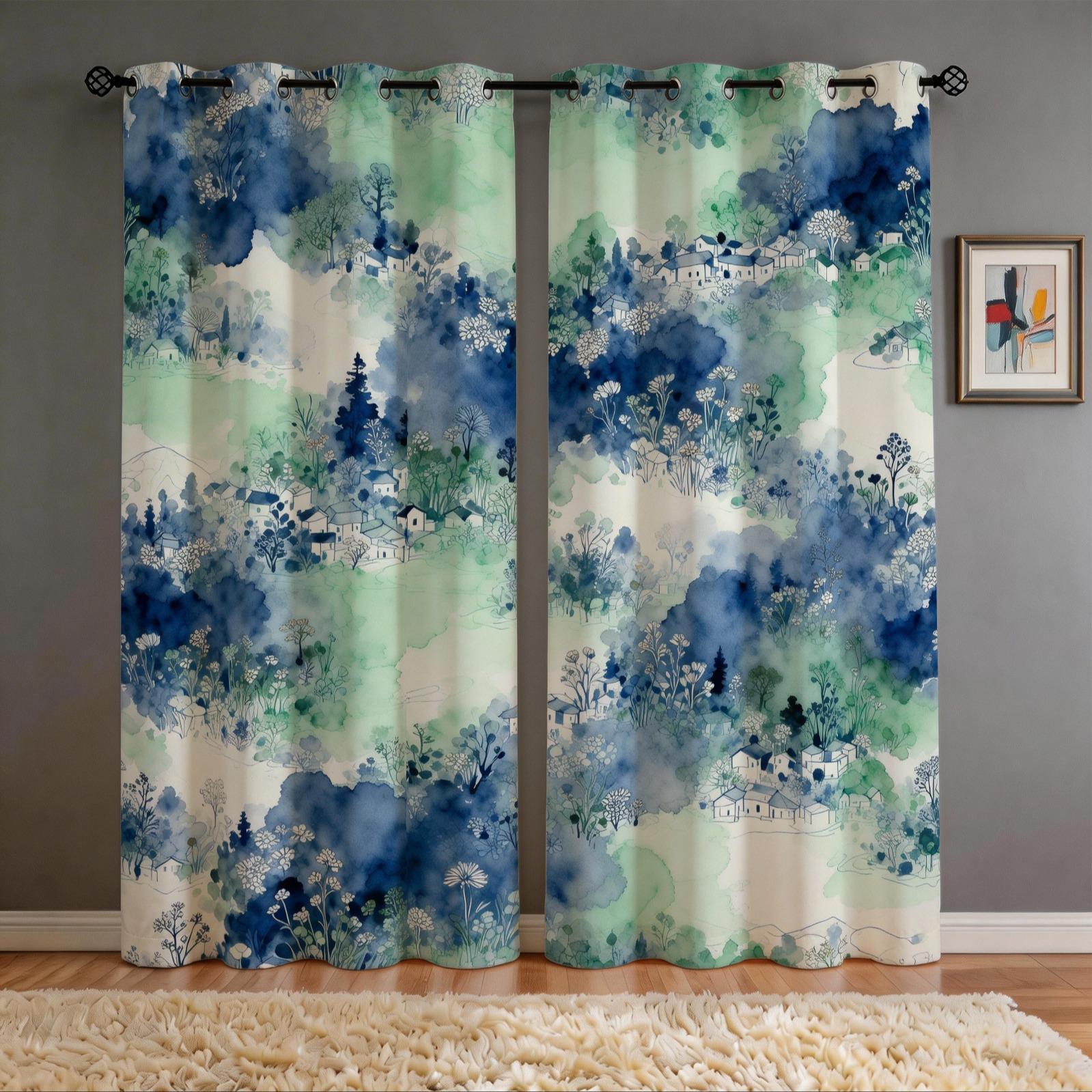2 Panels Watercolor Landscape Checkered Curtains, HD Digital Printed Blackout Curtains, 85% Light Blocking Rate, Dustproof Decorative Curtains for Bedroom and Living Room