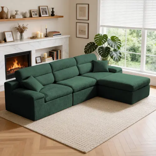 L-Shaped Corner Chaise Sofa with High Backrest, Slub Chenille Fabric, 3-Seat Sleeper Couch for Living Room, Dark Green