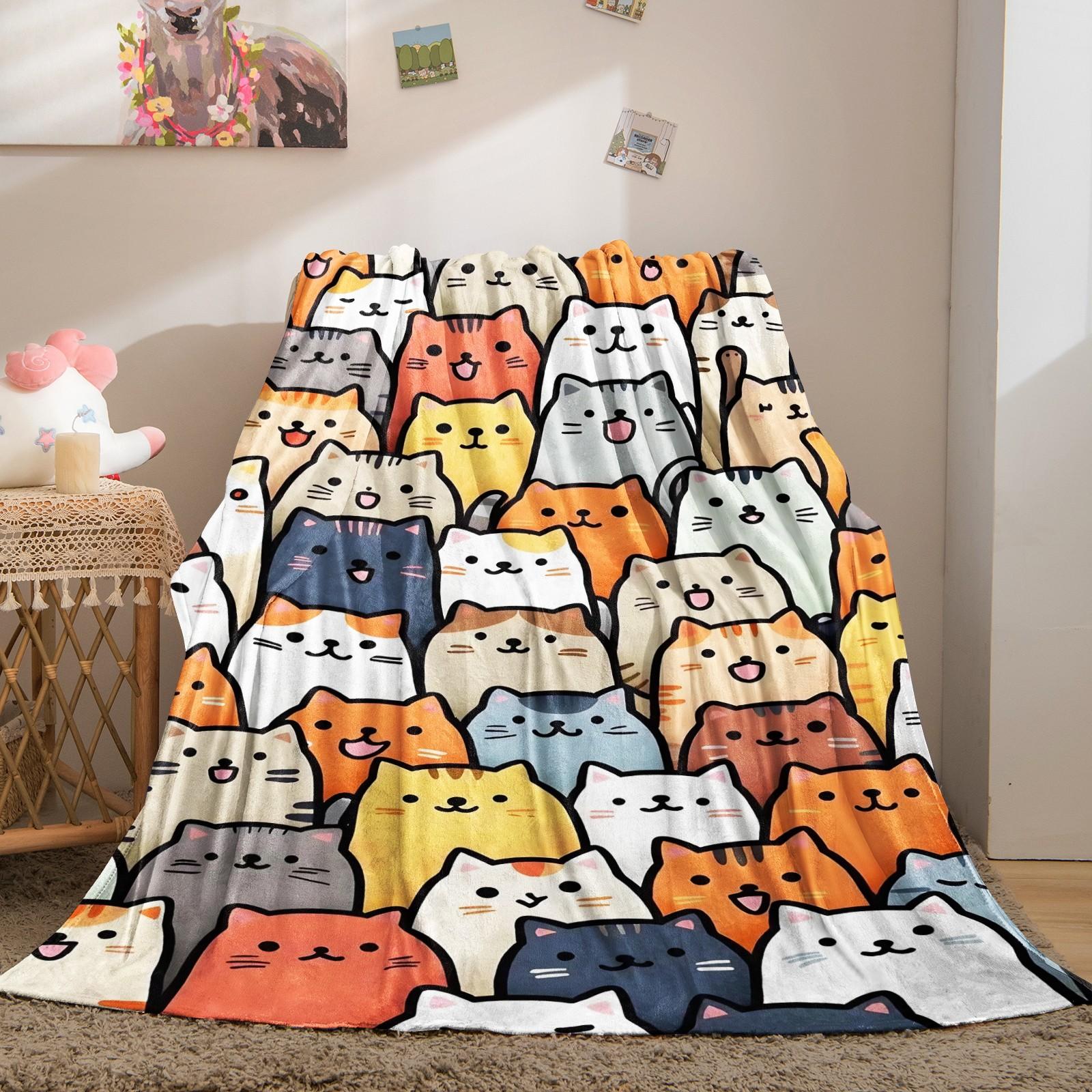 Cartoon Cat Print Blanket  Soft and Cute Flannel Blanket with Cat Print The Perfect Gift for Animal Lovers. Lightweight and Comfortable, Ideal for Bedrooms, Sofas, Living Rooms, and Outdoor Use