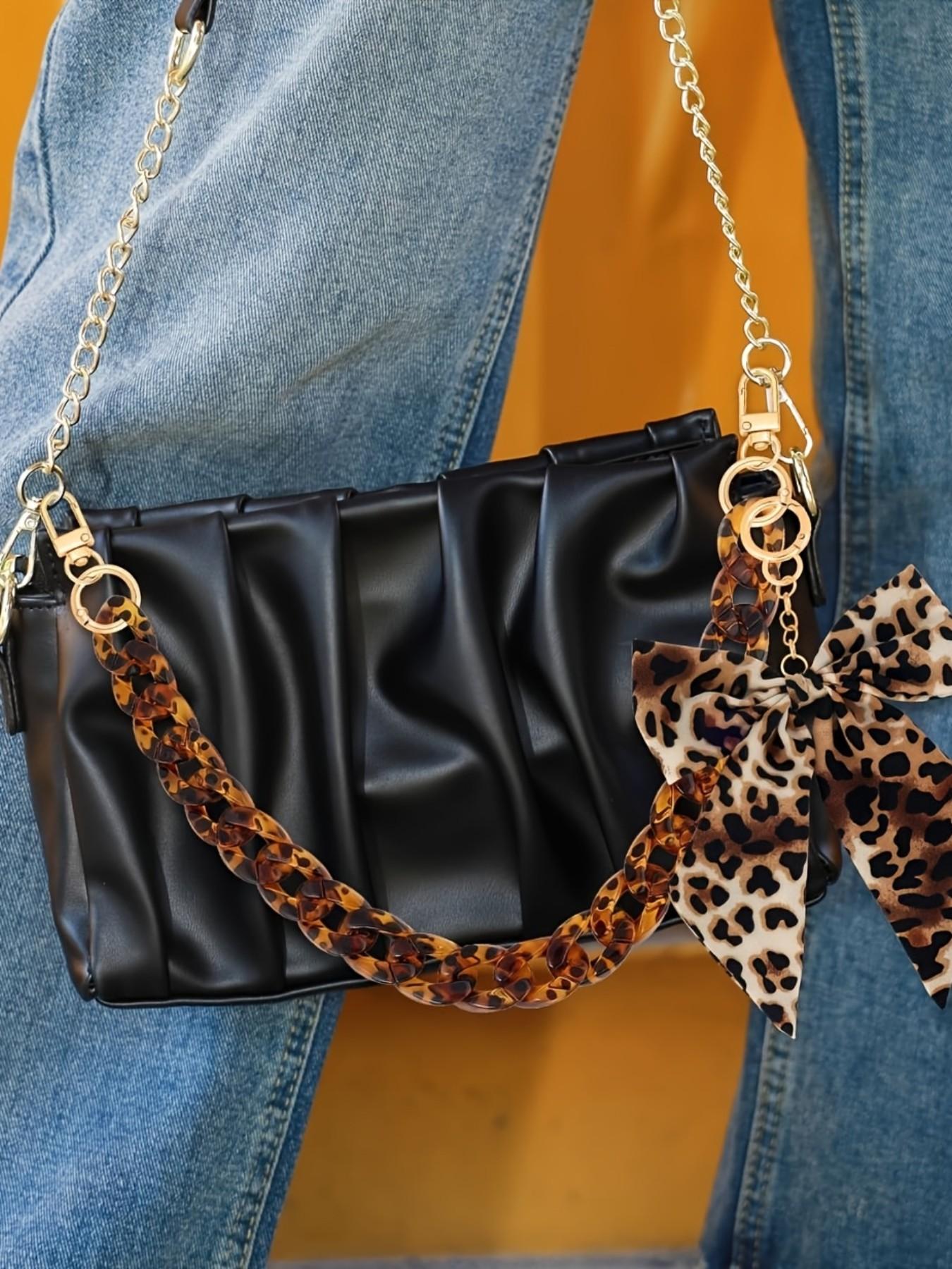 17.5" Leopard Print Purse Chain Strap with Bow Keychain Pendant Charm Golden Acrylic Flat Bag Chain Charm Handbag Accessory, Purse Accessories, Detachable/Attachable Bag Chain Strap for Women'S Handbags,Totes,Purses,Wallet