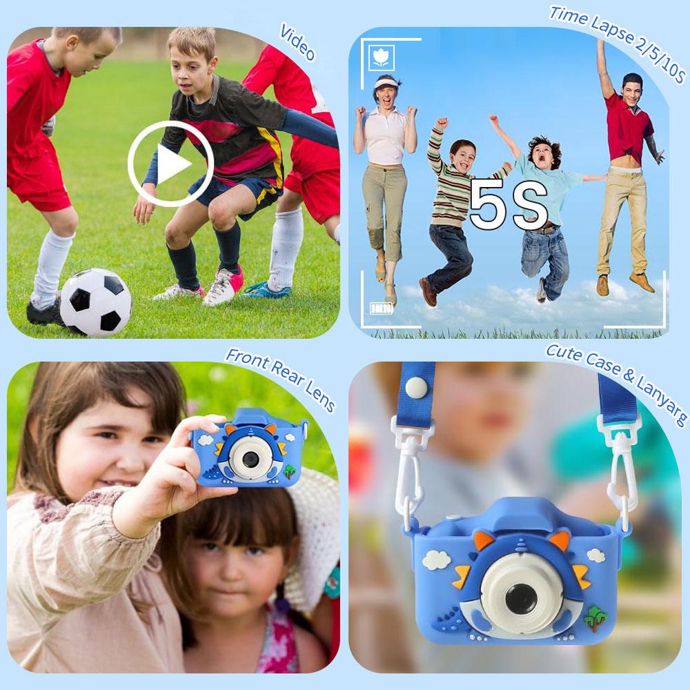 Cartoon Dinosaur Design Digital Camera, USB Rechargeable Video Camera Toy with 32GB Memory Card, Perfect Gift for Birthday & Holiday