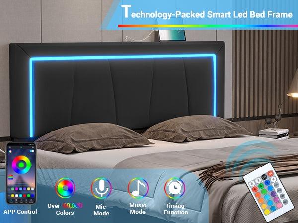 Sikaic 4 Drawers Faux Leather Upholstered Platform Bed Frame With LED Headboard Black