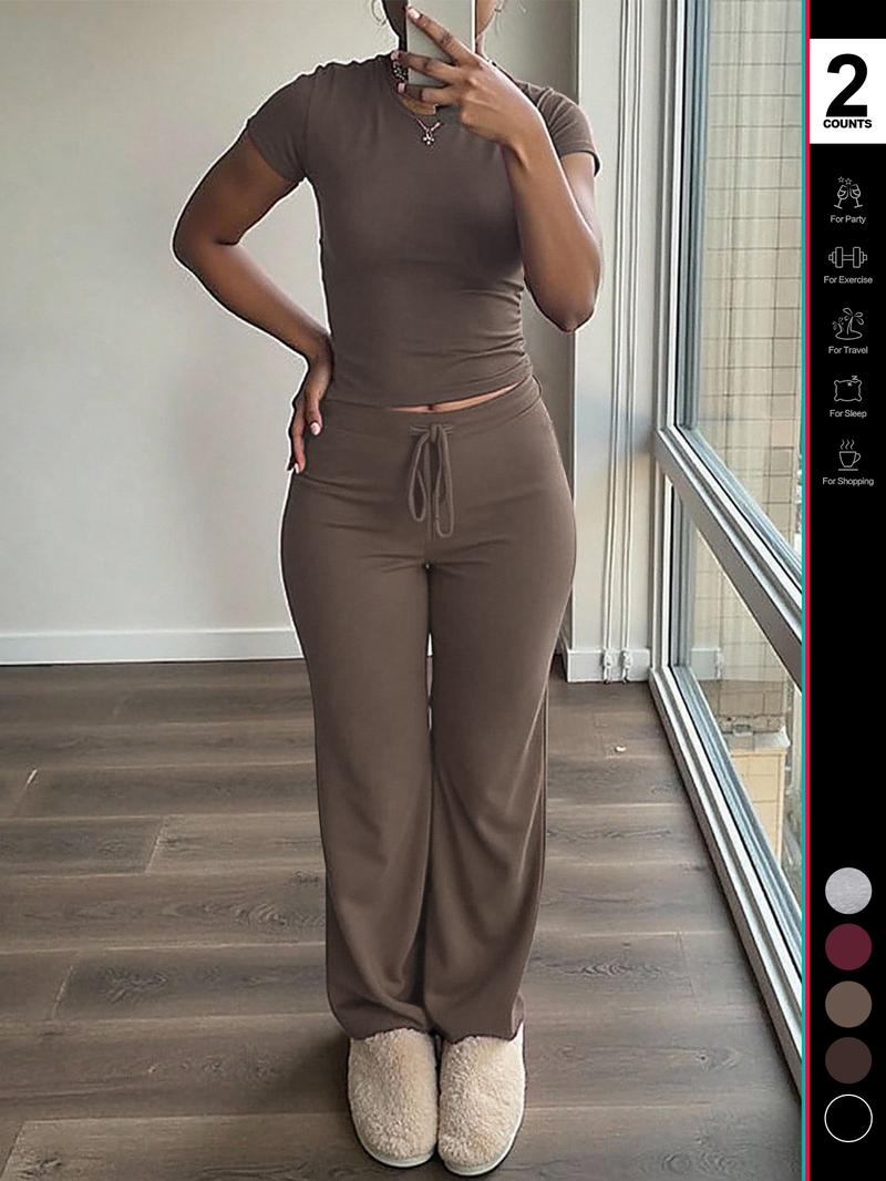 2026 Women's Two-Piece Y2K, Fitted Baby Tee & High-Waist Flare Lounge Pants, Stylish Loungewear Tracksuit Set, Sweatsuit Set