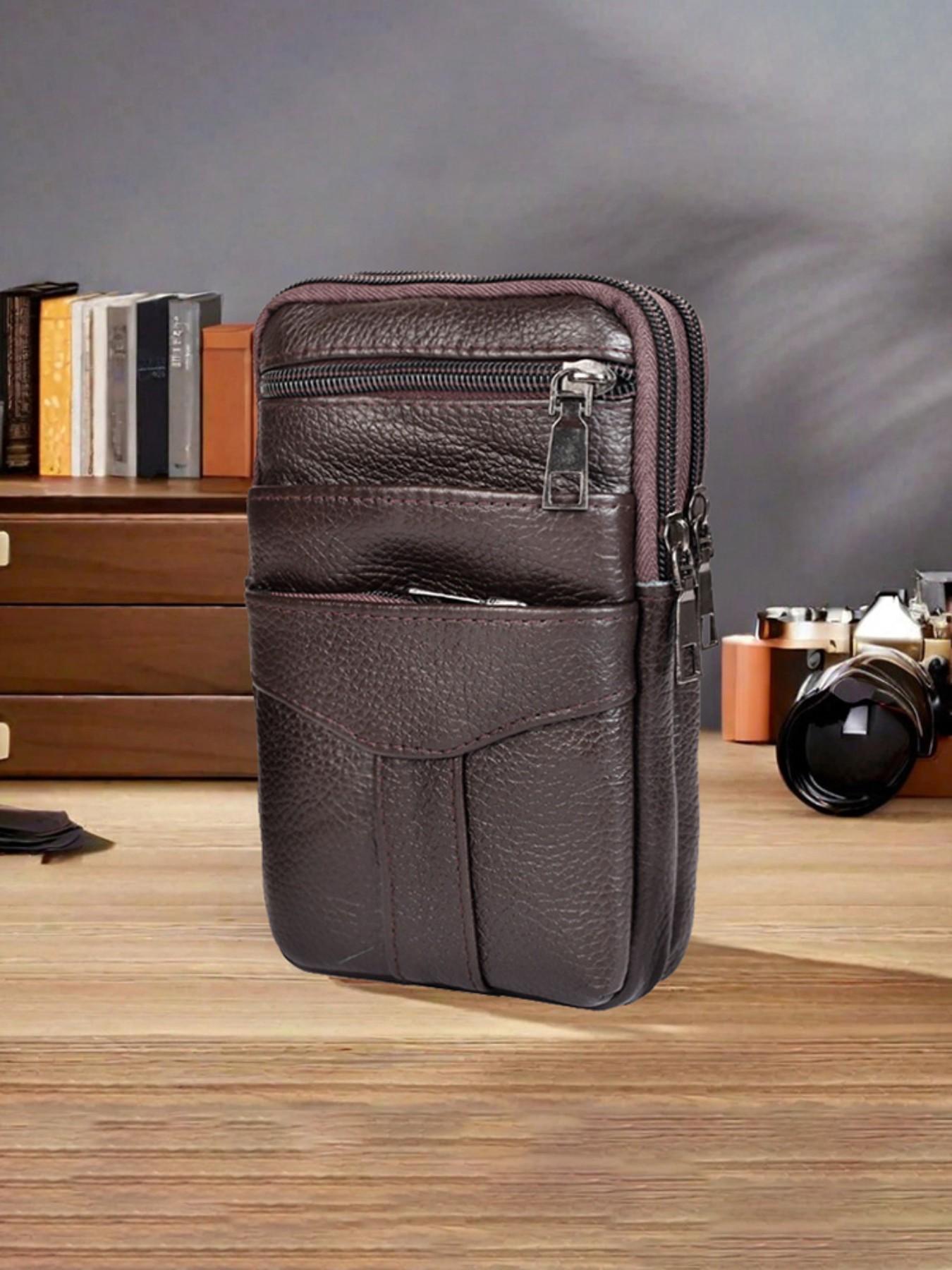 Men's Genuine Leather Phone Waist Bag, Waist Pack, Multi-Zipper Crossbody Belt Pouch, Crossbody Belt Bags, Large Capacity Casual Shoulder Bag, All Seasons Fashion Accessory, Cowhide Belt Bag