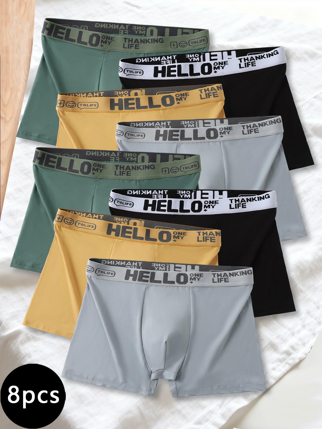 Trendy men's boxer briefs with HELLO lettered waistbands, available in multiple color combinations and a wide variety of options.