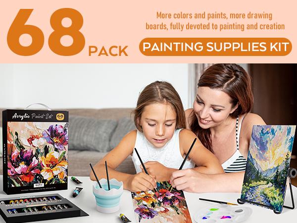 Nicpro 68Pack Acrylic Paint Canvas Set for Adults & Kids, Art Painting Supplies Kit with 24 Paints,Table Easel,8 Canvas Panels,12 Brushes,Paper Pad,Cleaning Cup,Sponge,Palette for Artist Beginner