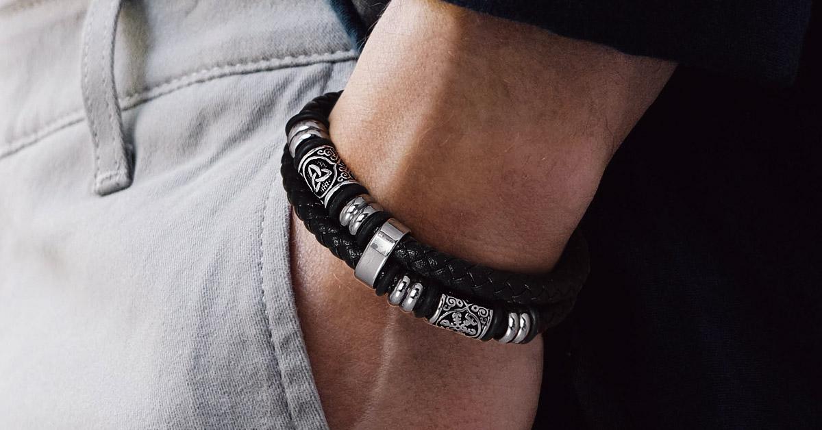 FaithHeart Viking Black Leather Braided Bracelet for Unisex Stainless Steel