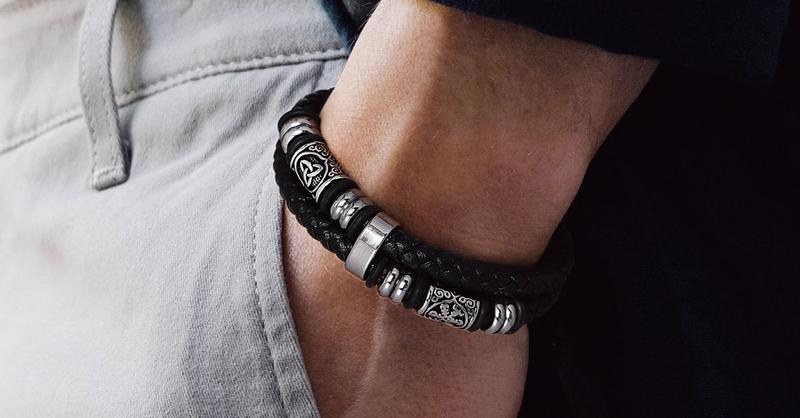 FaithHeart Viking Black Leather Braided Bracelet for Unisex Stainless Steel