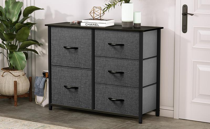 Yitahome Storage Tower with 5 Drawers - Fabric Dresser, Organizer Unit for Bedroom, Living Room, Closets - Sturdy Steel Frame, Easy Pull Fabric Bins & Wooden Top (Black/Grey)