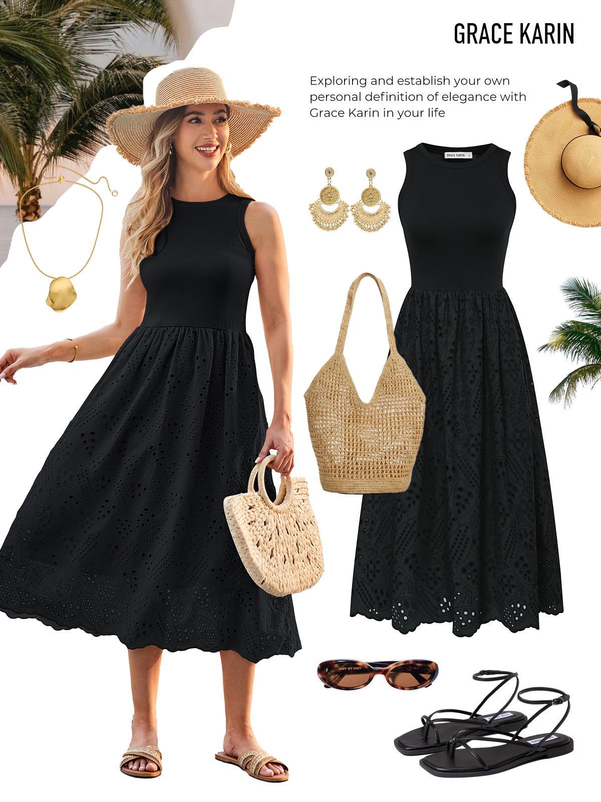 GRACE KARIN Women's Summer Sleeveless Tank Dress A-Line Midi Flowy Swing Casual with Pockets Holiday