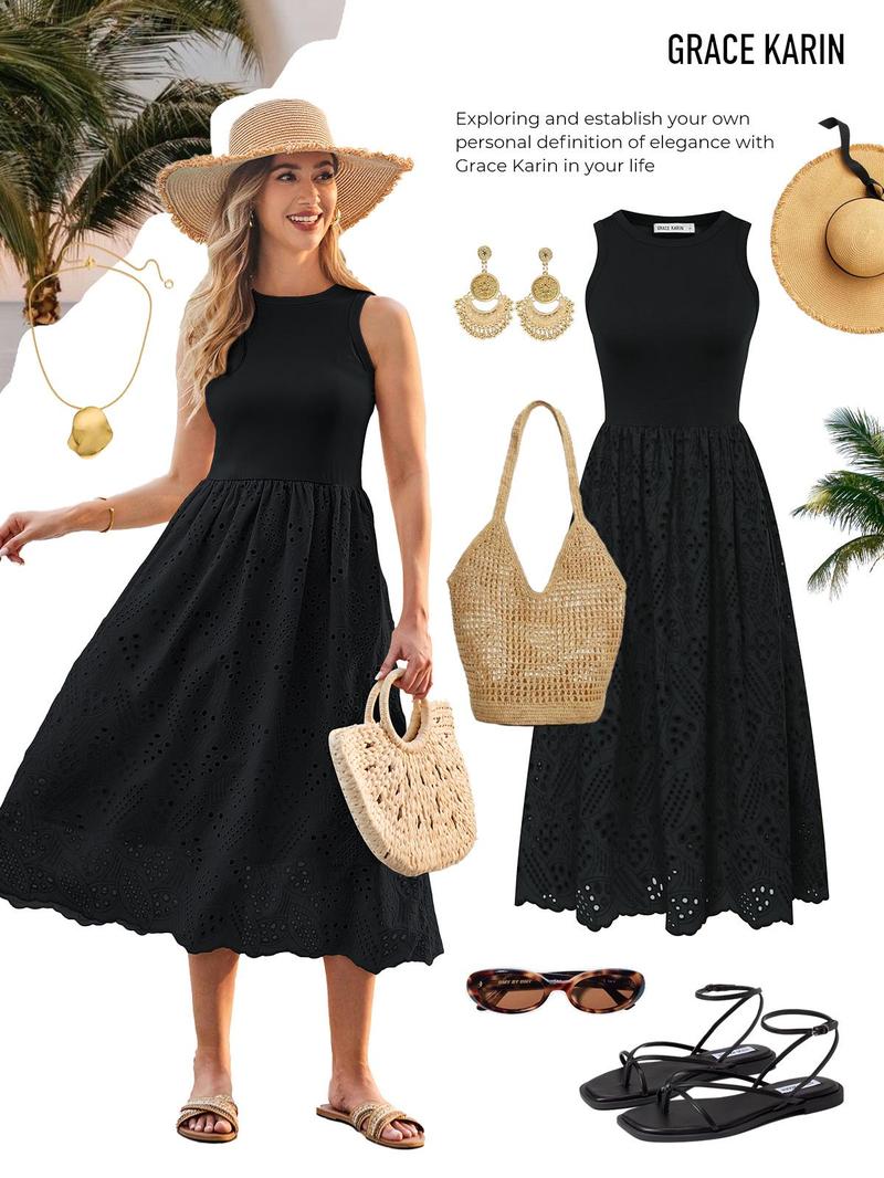 GRACE KARIN Women's Summer Sleeveless Tank Dress A-Line Midi Flowy Swing Casual with Pockets Holiday