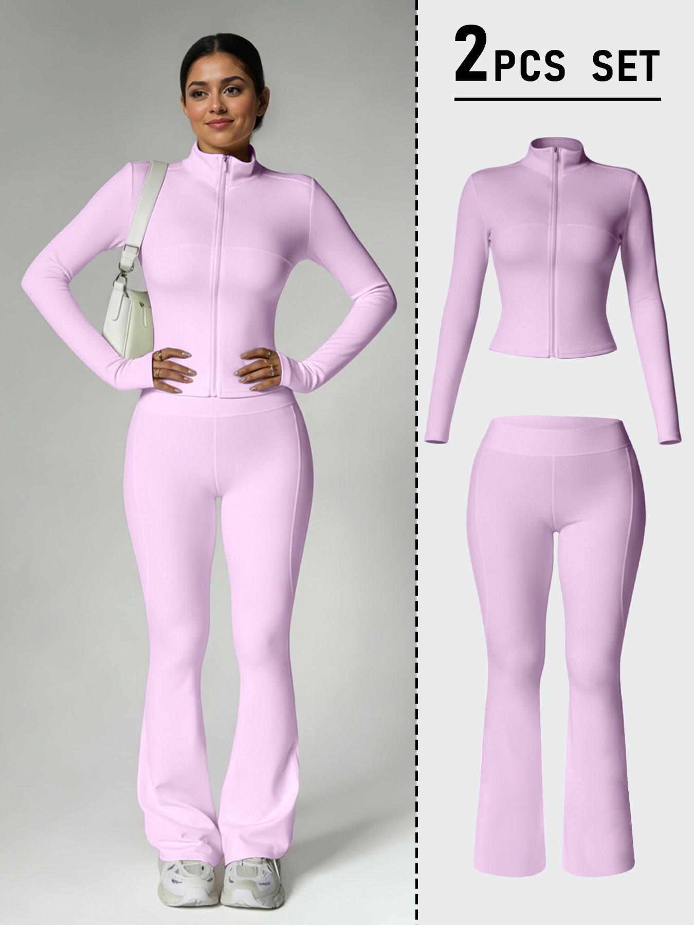 Women's Fashion Two-Piece Set, Slim Fit Long Sleeve Thumb Hole Cuffs, Zipper Front Jacket Style, High Waist Flared Pants, Fall & Winter Casual Wear