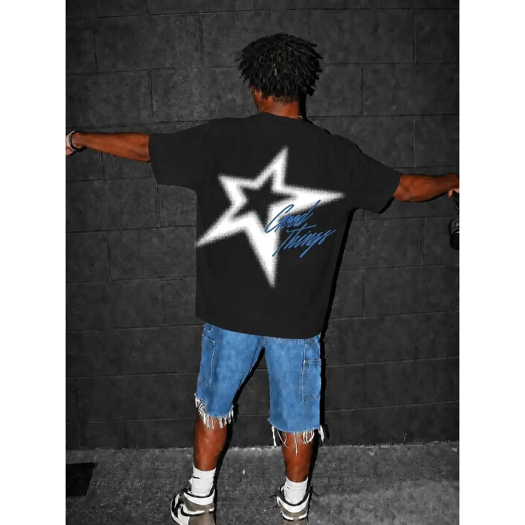 Men's Oversized Baggy Graphic Tshirt - Star & Good Things Letter Print Crew Neck Menswear Casual Summer Top, Black-T-Shirt-180g