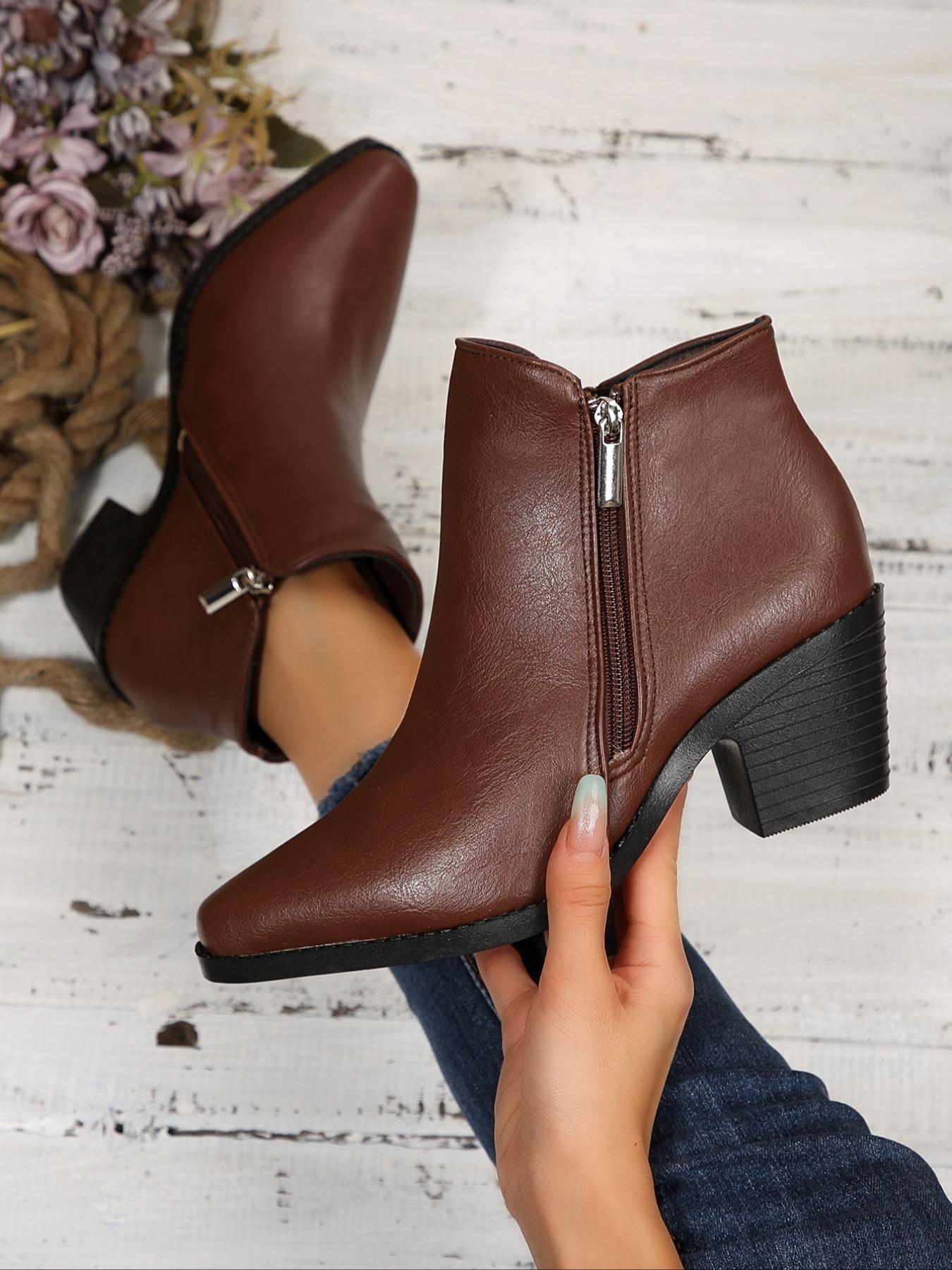 Women's Fashion Fall High Heel Square Toe Ankle Boots with Dual Zipper, Stylish Comfortable Short Booties for Casual Wear