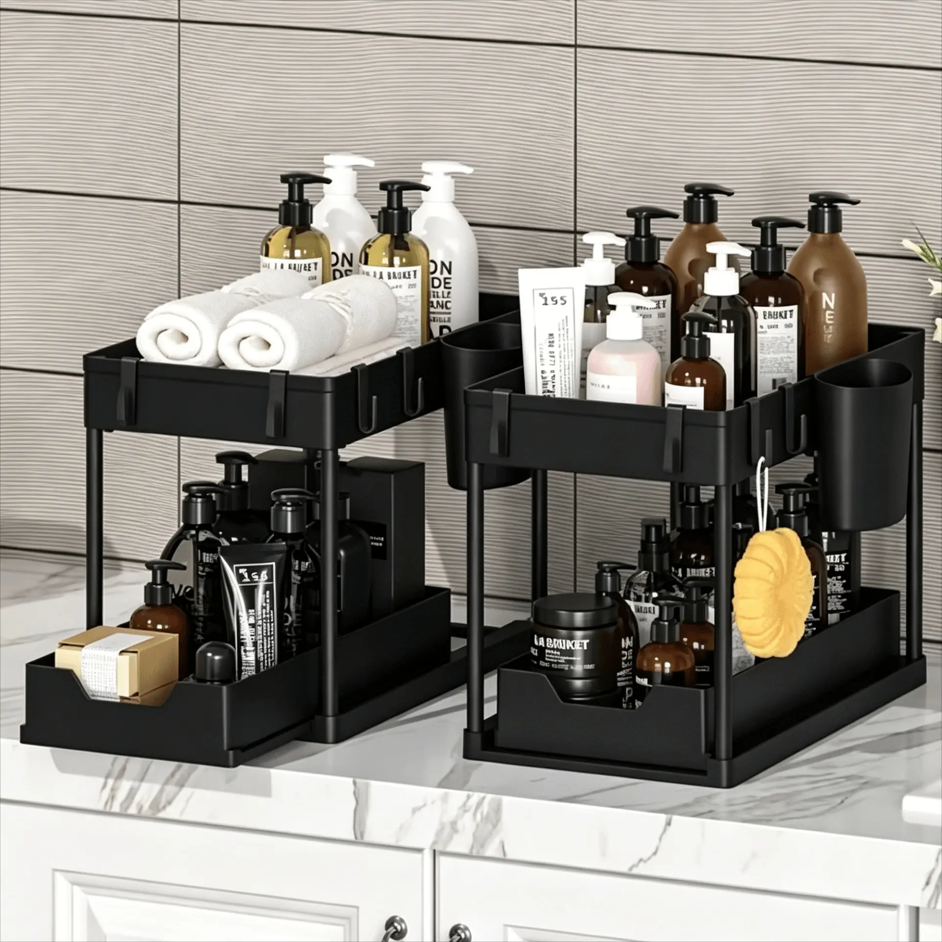 2 Tier Under Sink Organizer,1/2 Pack Pull Out Cabinet Storage Rack with Sliding Drawer,5 Side Hooks and 3 Hanging Baskets,Space Saving Bathroom Kitchen Organizer for Cleaning Supplies,Toiletries,Pantry,Laundry Room and Apartment,Black