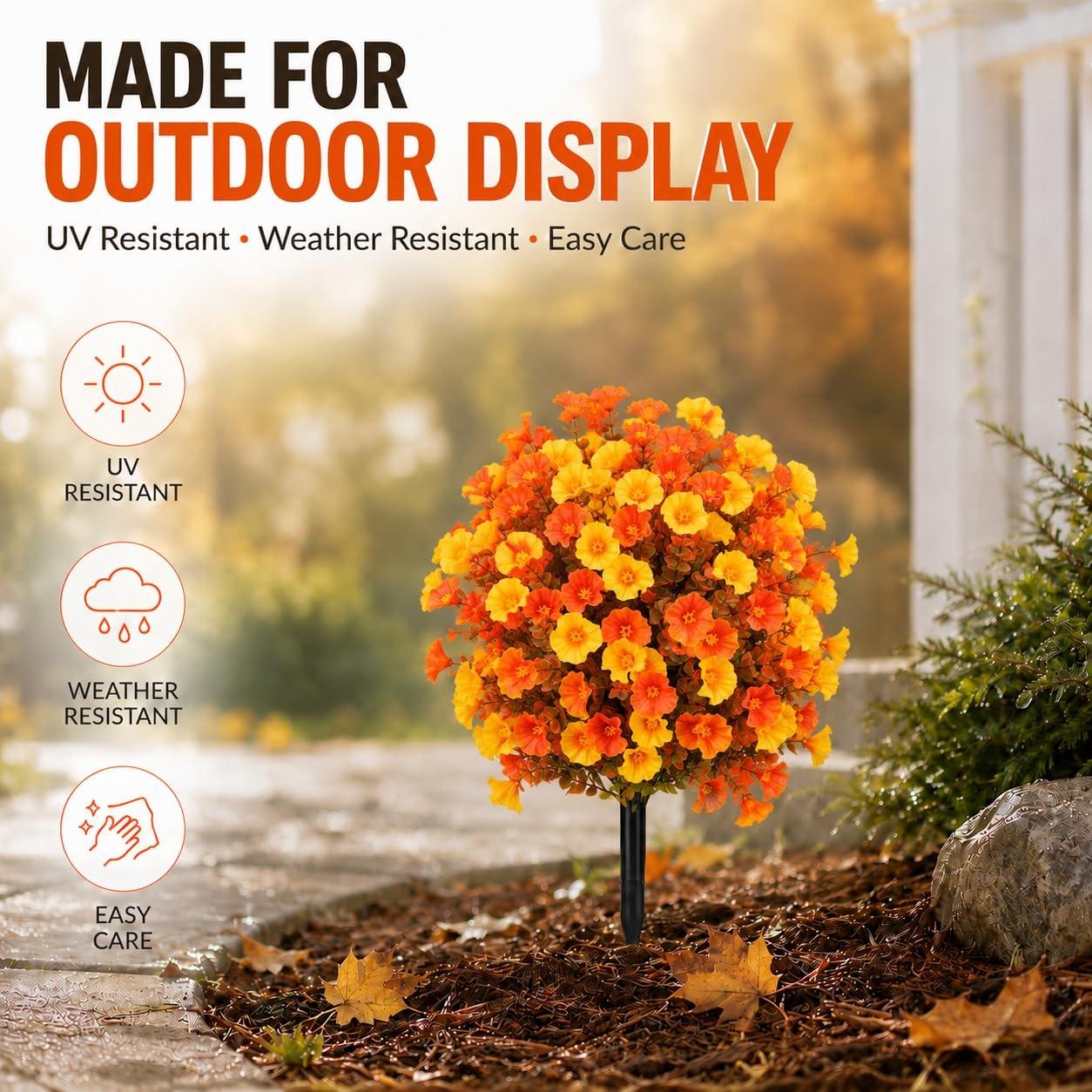 1 Pack Fall Artificial Morning Glory Topiary Balls with Ground Stakes, UV Resistant Waterproof Fade-Proof, Autumn Halloween Thanksgiving Decor for Porch Planters Garden Pathway Fence Outdoor Decor, Artificial Flower Ball