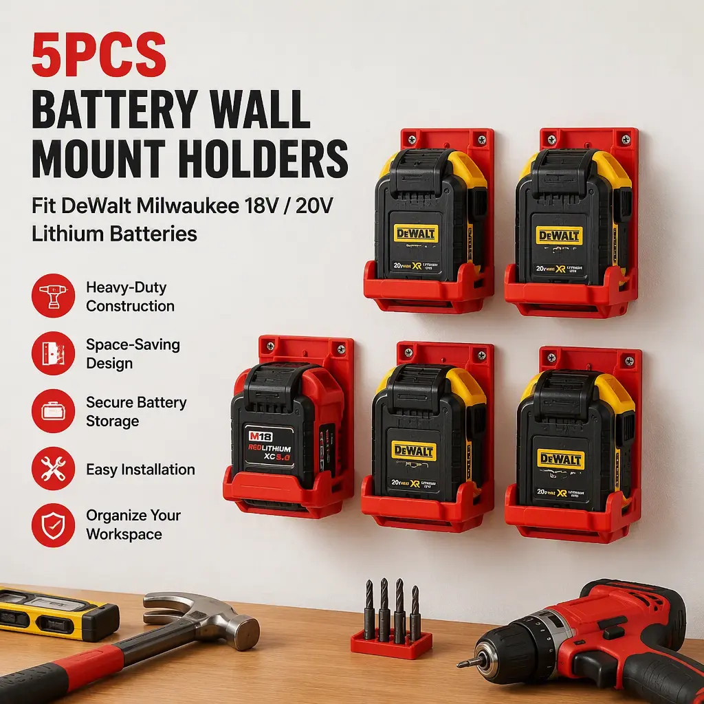 5PCS Battery Wall Mount Holders| Fit DeWalt Milwaukee 18V 20V Lithium Batteries Garage Storage Brackets