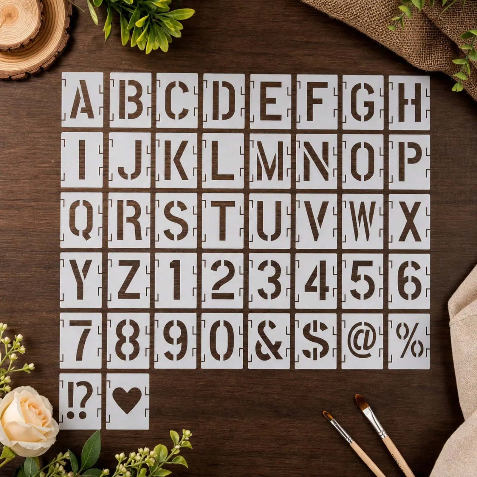 42 Pcs 1 Inch Interlocking Alphabet Number Symbol Painting Stencils Reusable PET Plastic Templates For Wood Signs Wall Fabric Canvas DIY Crafts