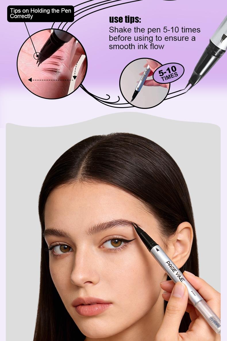 New Upgraded 2-in-1Waterproof Liquid Eyebrow Pencil Brush Set, 4 Fork Design, Long-Lasting Natural Look, Suitable for All Skin Types