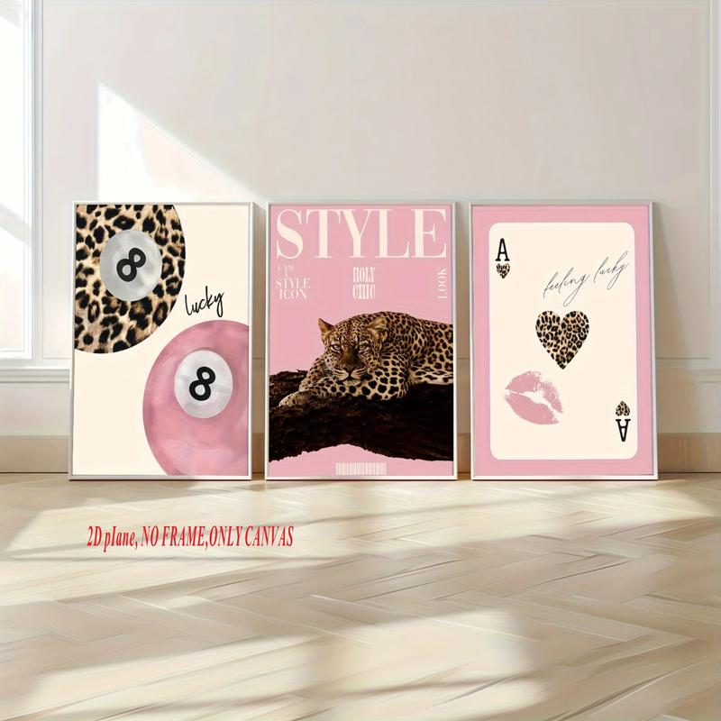 3-Piece Set, Fashionable Leopard Print with Cheetah Canvas Artwork, Pink Girls' Lucky 8 Ball Wall Art Poster, Modern Living Room Home Decor Gift, Frameless Canvas Print, 2D Flat Artwork