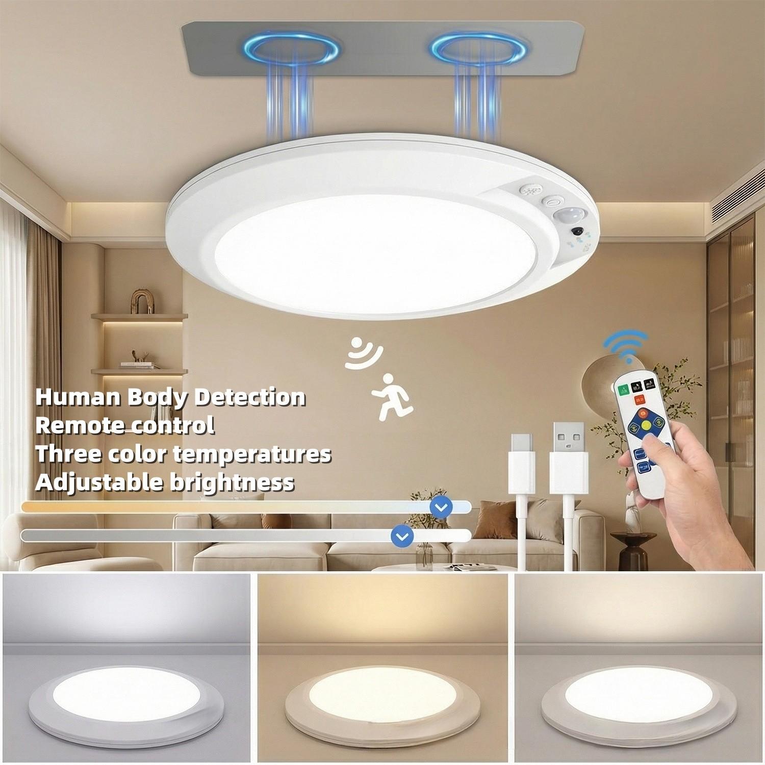 Smart Motion Sensor Ceiling Light, Indoor Lighting, Infrared Remote Control, Wireless, Automatic Dimming, Timer Switch, Color Temperature Adjustable, Type-C Charging #GLOBAL PICKS