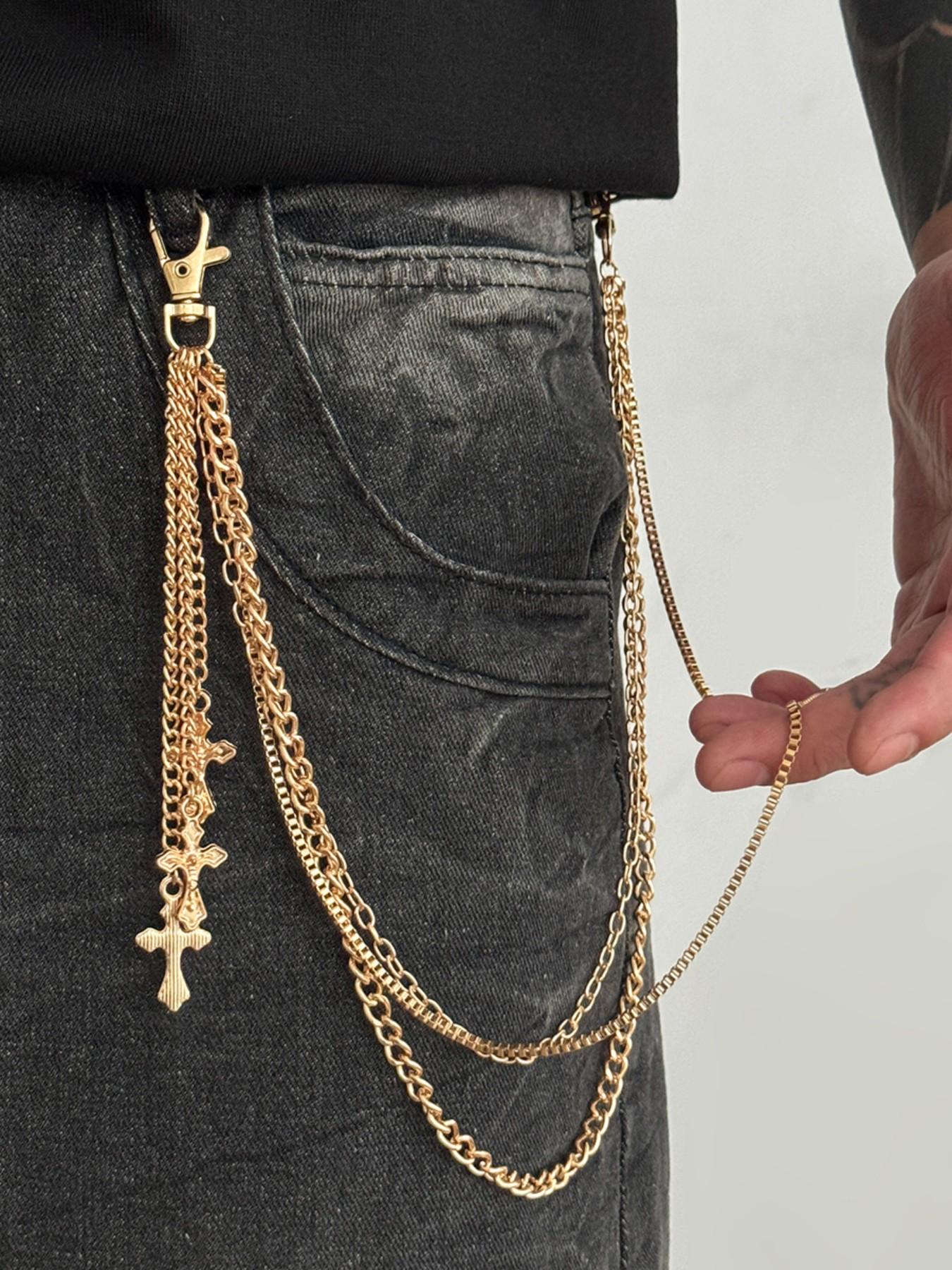 Men's Cross Charm Layered Chain Belt, Punk Style Jeans Chain, Western Buckle Belt, Fashion Belt for Party, Daily Clothing Decor, Trendy All-match & Exquisite Belt for Birthday Gift