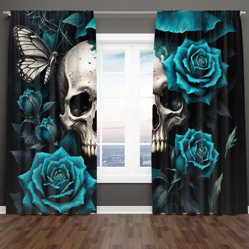 2 pieces of Gothic skull and greenish-blue rose printed curtains, made of polyester with semi-transparent texture, machine washable, suitable for bedrooms, living rooms and home decoration curtains.